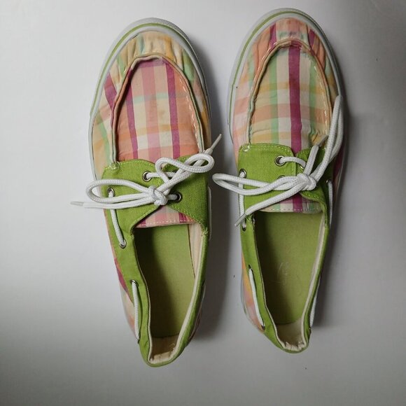 Boat Shoe/Sneakers Pale Green With Pink Plaid White Soles & Laces Size 8 - Picture 2 of 9